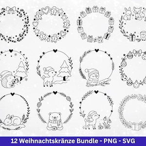 Könnte beinhalten: Eine Sammlung von zwölf schwarz-weißen Weihnachtskranz-Designs. Jeder Kranz hat einen kreisförmigen Rahmen mit verschiedenen weihnachtlichen Illustrationen, darunter Lebkuchenmänner, Geschenke und Waldtiere. Der Text unten lautet "12 Weihnachtskränze Bundle - PNG - SVG."