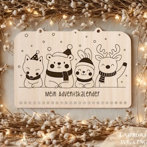 May include: Wooden advent calendar with four cartoon animals: a fox, bear, bunny, and reindeer. The animals are wearing winter accessories and are under falling snowflakes. The text "Mein Adventskalender" is below the animals.
