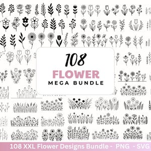 Può includere: Una collezione di 108 disegni floreali in bianco e nero, tra cui varie illustrazioni e composizioni floreali. L'immagine presenta il testo "108 FLOWER MEGA BUNDLE". I disegni sono adatti per progetti di arte digitale.