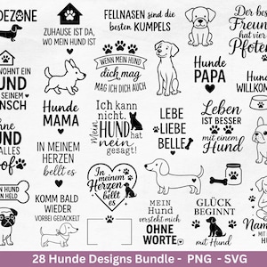 Könnte beinhalten: Eine Sammlung von 28 schwarz-weißen Designs zum Thema Hunde. Die Designs umfassen verschiedene Hunderassen, Pfotenabdrücke, Herzen und Sätze wie "Dog Zone", "Home is where my dog is" und "Life is better with a dog". Erhältlich in PNG- und SVG-Formaten.