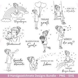 Peut inclure: Ensemble de neuf dessins en noir et blanc dessinés à la main, représentant de jeunes femmes dans diverses poses. Les dessins incluent une fille sur une balançoire, soufflant des bulles, tenant des ballons et méditant. Le texte comprend des phrases comme "Suivez votre arc-en-ciel".