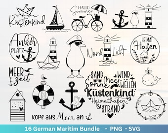Duitse nautische bundel - Moin plotterbestand - Maritieme SVG - Nautische clipart - Vuurtoren SVG - Meeuwen SVG - Welkom in het Noorden SVG - Cricut