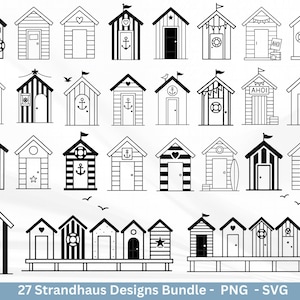 Może przedstawiać: Zestaw 27 czarno-białych wzorów domków na plaży. Każdy domek ma unikalne detale, takie jak flagi, kotwice, serca i koła ratunkowe. Obraz zawiera tekst "27 Strandhaus Designs Bundle - PNG - SVG".