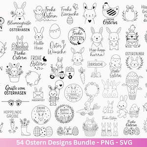 Peut inclure: Un ensemble de 54 motifs de Pâques en noir et blanc. Les illustrations comprennent des lapins, des œufs, des poussins et des couronnes florales, avec du texte en allemand tel que "Frohe Ostern" et "Happy Ostern".
