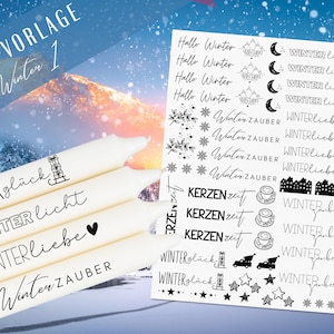 Hallo Winter PDF Vorlage - Kerzen Tattoo Vorlage  Weihnachten - Kerzen selbst gestalten - Kerzensticker Weihnachtszeit - Winterlicht Kerzen