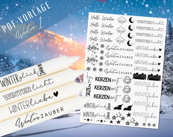 Hello Winter PDF template - candle tattoo template Christmas - design your own candles - candle stickers Christmas time - winter light candles