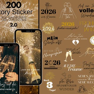 Puede incluir: Un producto digital con 200 pegatinas de historias de Nochevieja. La imagen muestra dos smartphones que muestran copas de champán y una botella que se está abriendo. El texto incluye "2026", "Feliz Año Nuevo" y otras frases festivas.