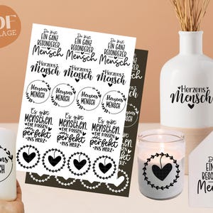 PDF Vorlagen Stumpenkerzen - Rub ons Sticker - Kerzentattoo Herzensmensch Kerzensticker - Raysin Herz Keraflott - Windlicht - Kerzenglas
