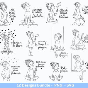 May include: A black and white digital art bundle featuring 12 designs of a woman in various poses, each accompanied by inspirational text. The illustrations depict scenes of relaxation and reflection, with phrases like "Find Your Way" and "Cheers".