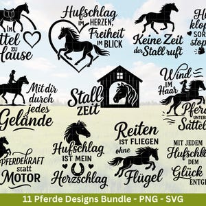 May include: A collection of 11 black horse-themed designs in a bundle. Each design features a silhouette of a horse with various phrases, including "Sattel zu Hause" and "Mit dir durch jedes Gelände". The designs are suitable for PNG and SVG formats.