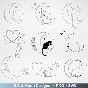 Fichier traceur phases de chat et de lune - Magic cat svg, Magic illustration svg - Fichier traceur chat - Boho svg - Cat SVG bundle