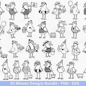 May include: A bundle of 30 black and white cartoon seagull designs. Each seagull is depicted with different accessories, including hats, binoculars, and buckets. The image includes the text "30 Möwen Designs Bundle - PNG - SVG".
