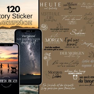 Könnte beinhalten: Ein digitales Produkt mit 120 Story-Stickern mit deutschen Sätzen. Das Bild zeigt drei Smartphones, die inspirierende Zitate und malerische Hintergründe anzeigen. Die Aufkleber sind in Schwarz und Weiß gehalten, mit einem braunen Hintergrund.