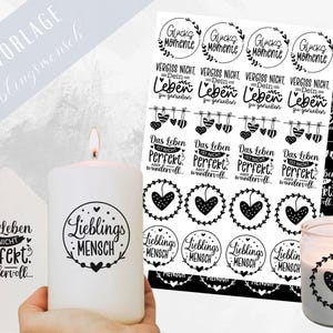 PDF Vorlagen Stumpenkerzen - Rub ons Sticker - Kerzentattoo Lieblingsmensch Kerzensticker - Raysin Herz Keraflott - Windlicht - Kerzenglas