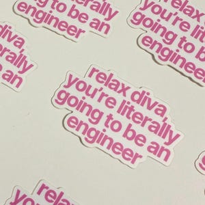 May include: A die-cut sticker featuring the pink text "relax diva, you're literally going to be an engineer" arranged in a multi-line block. The sticker has a white border that follows the contour of the bold, sans-serif lettering.