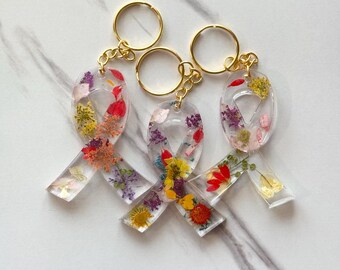 Breast Cancer Awareness Keychain: Handmade Dried Flower Resin Ribbon