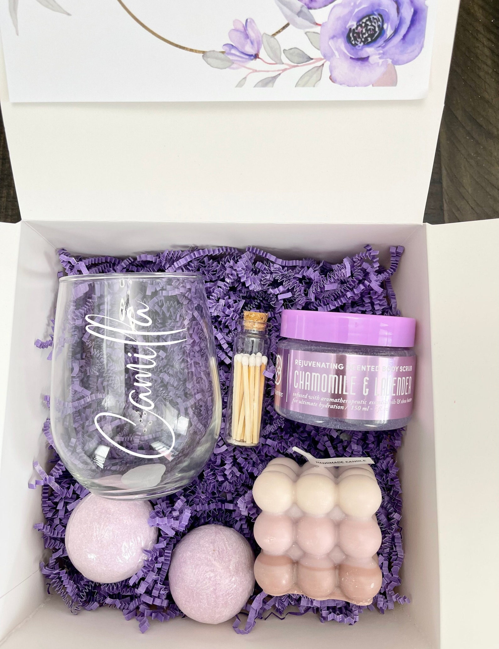 Personalized Wine Glass Gift Box, Bath Fizzers, Soy Candle, Body Scrub