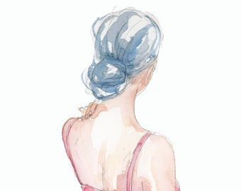 Low Bun, Art Print, Gifts for her, Girls Room, Female Art, Art by Molly Livingstone, Watercolor, Girls Art, Bathroom Art, Pencil, Feminine