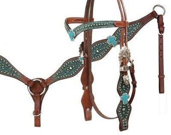 Leather Western Tack Set with Headstall , Reins and Breast Collar