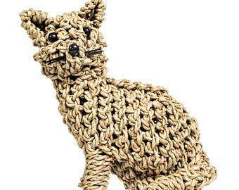 Gato sentado de cuerda anudada - Adorno decorativo de animal hecho a mano con hierba marina, regalo para amantes de los gatos, estatua, figura, decoración rústica para casa de campo, gatito