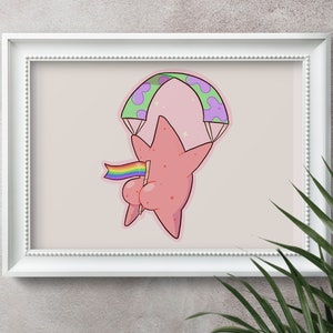 May include: A pink cartoon starfish with a rainbow flag attached to its back is flying through the air with a purple and green parachute.