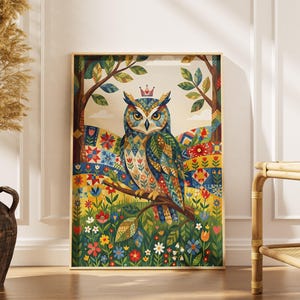 Folk Art Owl Print, Patchwork Quilt Animal Wall Art, Colorful Owl Poster, Nursery Decor, Boho Bird Art, Owl Gift, Digital Download