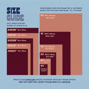 May include: Size guide for prints, showing dimensions in inches and centimeters. Includes sizes like 24x36 inches (60 x 90cm), A0 (33.1 x 46.8 inches), and A1 (23.4 x 33.1 inches). Text on a light blue background.