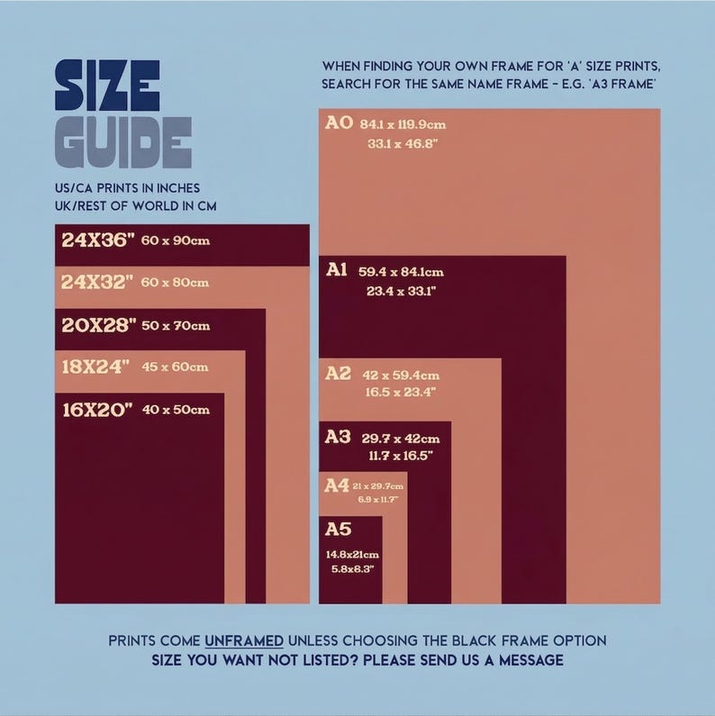 May include: Size guide for prints, showing dimensions in inches and centimeters. Includes sizes like 24x36 inches (60 x 90cm), A0 (33.1 x 46.8 inches), and A1 (23.4 x 33.1 inches). Text on a light blue background.