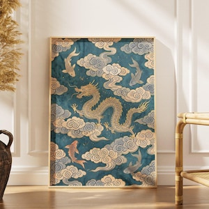 May include: A rectangular wall art print in a light wood frame featuring a golden dragon and several koi fish swimming amidst stylized swirling clouds on a deep teal background. The artwork displays a repeating pattern of traditional motifs.