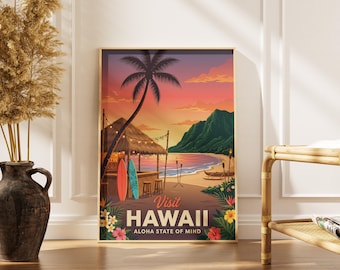 Op de afbeelding: Een ingelijste vintage reisposter met een Hawaïaanse strandscène. De poster toont een zonsondergang, palmbomen, een strandbar en de tekst "Visit Hawaii Aloha State of Mind". Surfboards leunen tegen de bar.