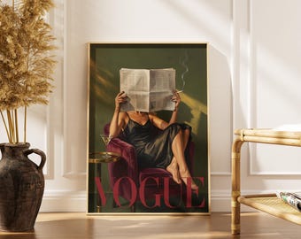 Vogue Woman Newspaper Print, Retro Fashion Editorial Wall Art, Martini Cigarette Poster, Femme Fatale Decor, Gift for Her, Digital Download
