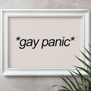 May include: A white picture frame with a beige background and the text "*gay panic*" in black.