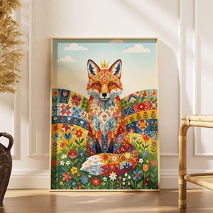 Folk Art Fox Print, Patchwork Quilt Animal Wall Art, Colorful Fox Poster, Nursery Decor, Boho Animal Art, Fox Gift, Digital Download