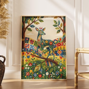 Folk Art Deer Print, Patchwork Quilt Animal Wall Art, Colorful Deer Poster, Nursery Decor, Boho Woodland Art, Deer Gift, Digital Download