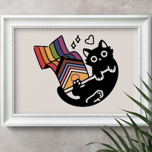 May include: A black cat with a rainbow pride flag tail. The cat is curled up in a circle with its tail wrapped around its body. The flag is a rainbow with a brown, white, and pink stripe in the middle. There are two small white stars above the cat's head and a small white heart.