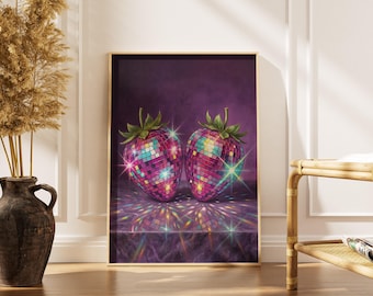 Impression disco fraise, art mural cuisine pop art, affiche de fruits boule disco, décoration maximaliste tendance, art de chariot de bar funky, téléchargement numérique