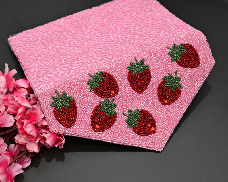 Pink Red Strawberry Beaded Clutch, Handmade Valentine handbag, Wedding Party Chain Clutch Purse, Crossbody Striped, Birthday Gift For Her image 5