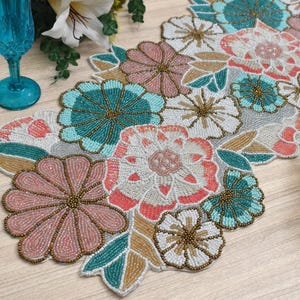 Handmade table runner, floral spring beaded table runner multicolor, summer beaded mat, hand beaded runner, Table Mat, Gift For Her