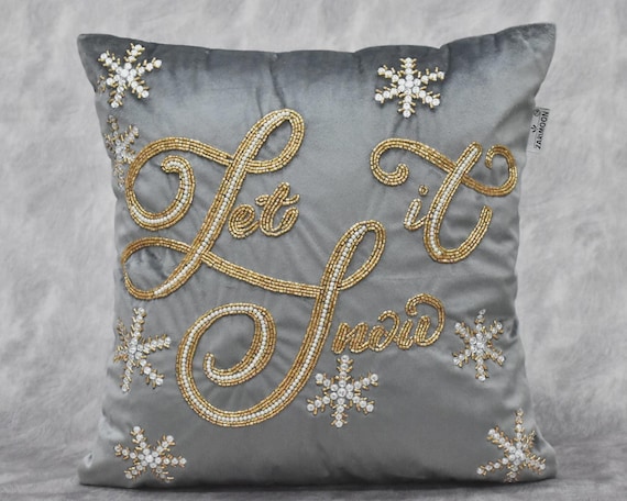 ALL SIZES Christmas Let It Snow Gray Gold Beaded Throw Pillow