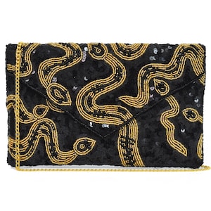 Cartera de mano con cuentas de serpiente dorada, bolso de lentejuelas negras con cuentas, bolso formal negro y dorado, bolso de mano tipo bandolera BAG0033