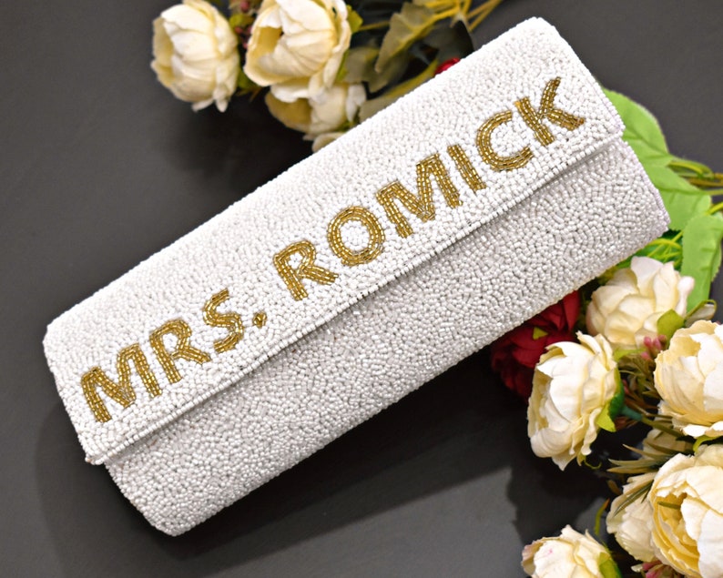 MRS. LAST NAME Custom Beaded Clutch, White Gold Beaded Purse Customized Party Chain Hand Beaded Clutch Bride Wedding Birthday Gift For Her image 6