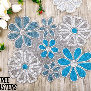 Silver White beaded placemat, gift for her, christmas floral placemat Christmas handmade tablemat By zarimoon decorative placemat