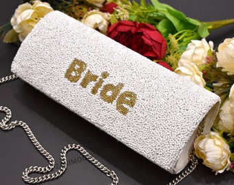 White Gold Bride Beaded Clutch, Handmade Handbag, Bridal Wedding Gift, Party Chain Clutch Purse, Crossbody Striped, Birthday Gift For Her