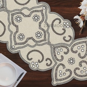 Luxury white handmade table runner, beaded table runner, white table mat beaded charger 13x36inch