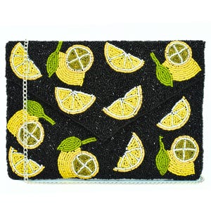 Black Lemon Beaded Clutch, Handmade Valentine handbag, Wedding Party Summer Clutch Purse, Crossbody Striped, Birthday Gift For Her BAG0011