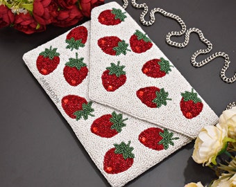 White Red Strawberry Beaded Clutch, Handmade Valentine handbag, Wedding Party Chain Clutch Purse, Crossbody Striped, Birthday Gift For Her