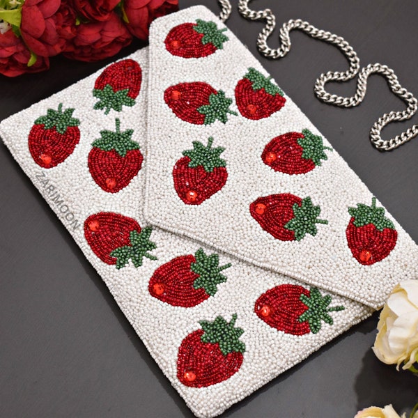 White Red Strawberry Beaded Clutch, Handmade Valentine handbag, Wedding Party Chain Clutch Purse, Crossbody Striped, Birthday Gift For Her