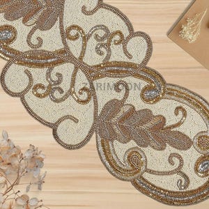 Luxury handmade table runner, beaded table runner, white and gold table mat beaded charger 13x36inch