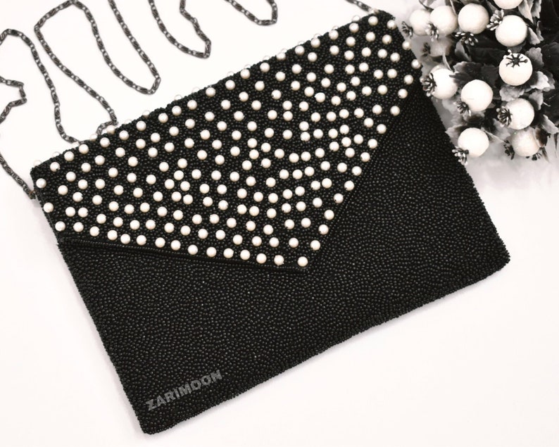 Black White pearl Beaded Clutch, Handmade handbag, Wedding Party Chain Clutch Purse, Crossbody Striped, Birthday Gift For Her image 1