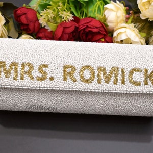 MRS. LAST NAME Custom Beaded Clutch, White Gold Beaded Purse Customized Party Chain Hand Beaded Clutch Bride Wedding Birthday Gift For Her image 3